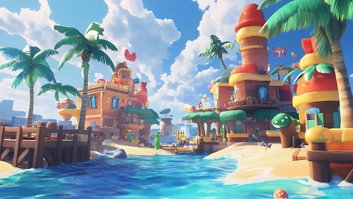 Colorful Beach Theme Park with Tropical Structures.