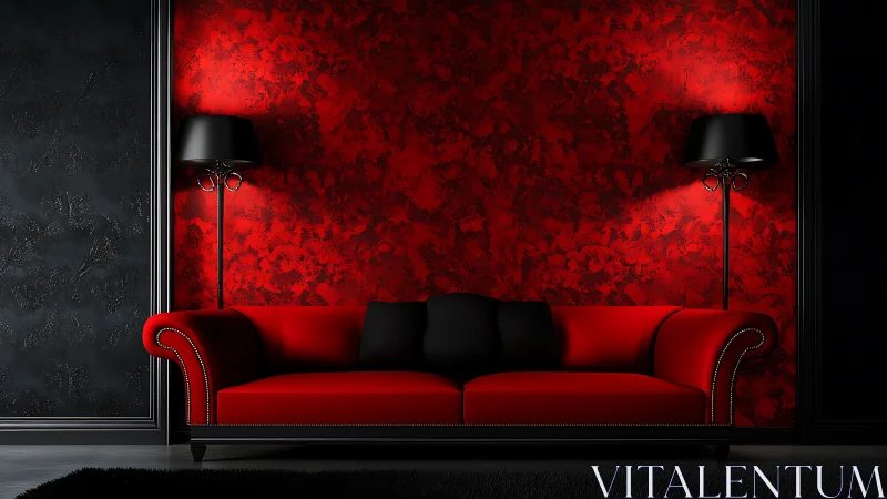 Red sofa against textured red wall with black side lamps.
