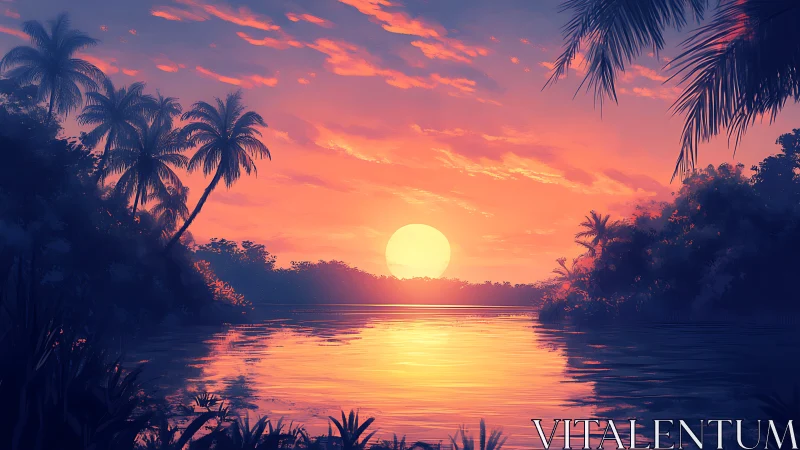 Radiant tropical sunset mirrored on tranquil jungle water.