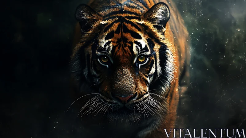 Stalking tiger emerges from shadow with fierce, burning gaze