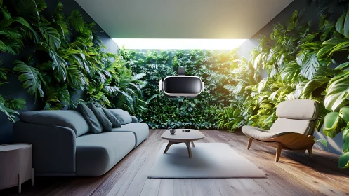 Biophilic smart lounge with suspended immersive display system.