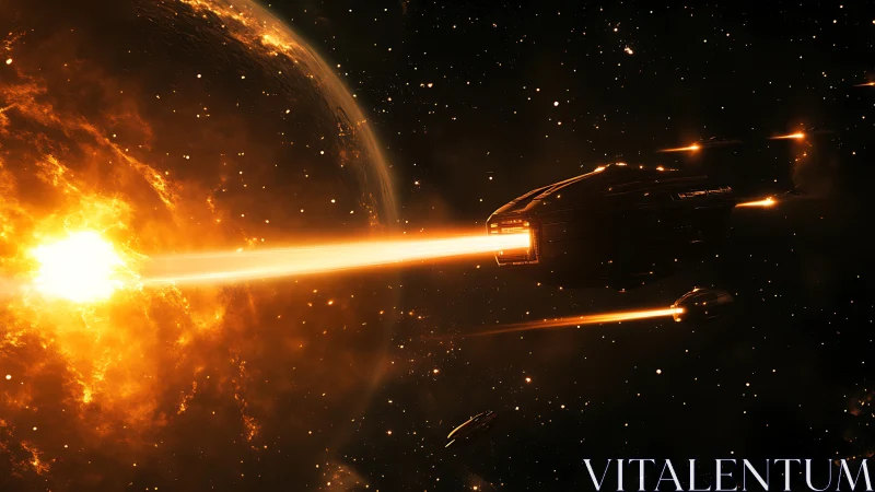 Spaceships firing energy beams toward erupting planet surface.