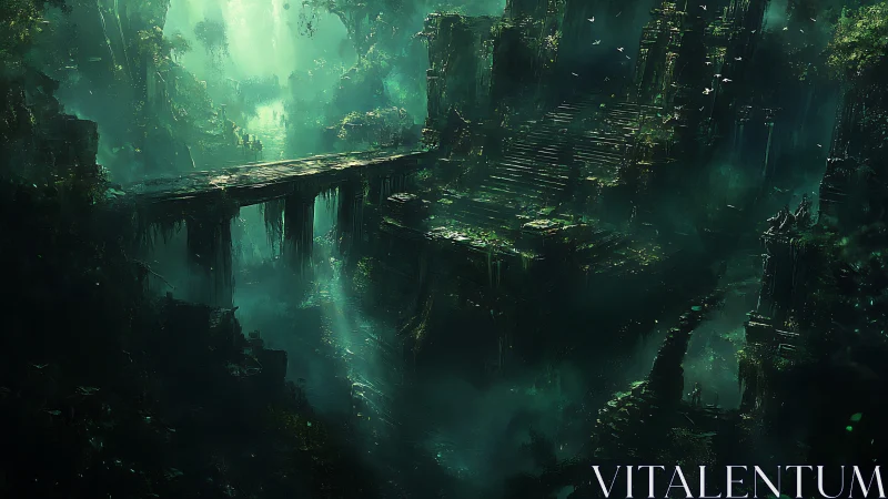Submerged jungle megastructure with misted stone causeway