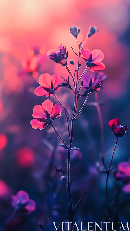 Delicate Pink Flowers Glowing in Purple Twilight.