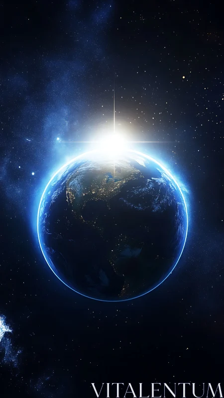 Radiant sunrise crowns the glowing Earth in deep space.