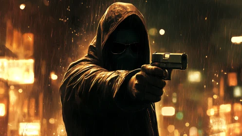 Mysterious hooded figure in a neon city rainstorm at night.