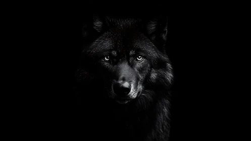 Midnight wolf sentinel gazing from a velvet-black void.