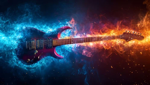 Electric guitar forged in fire and ice with vivid energy arcs.