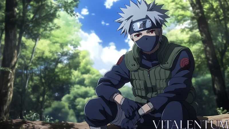 Masked silver-haired ninja rests calmly in a sunlit forest.