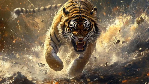 Ferocious tiger charge through exploding dust and debris.