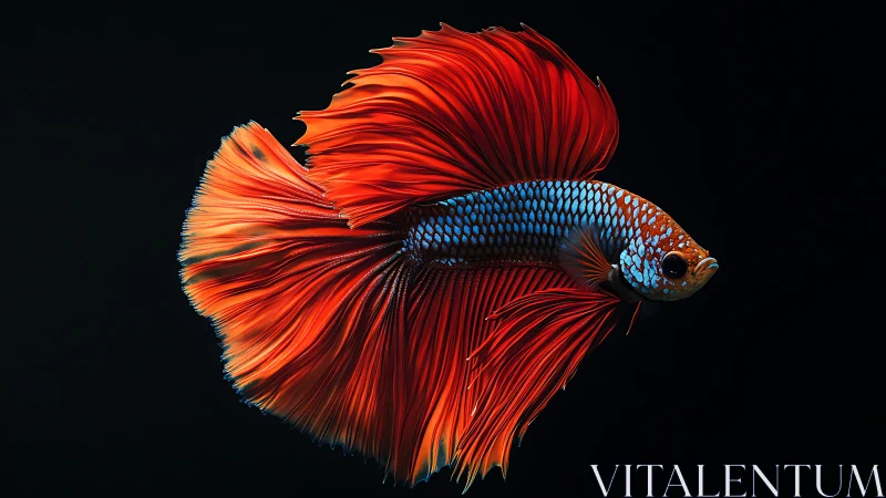 Vibrant red betta fish arcs through deep black water
