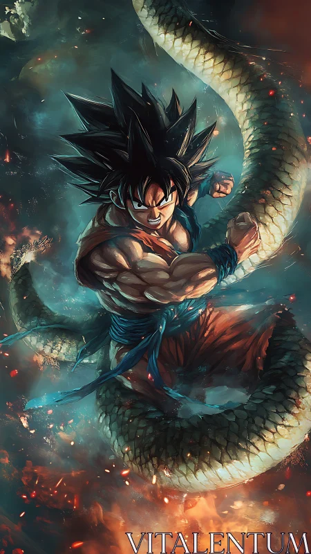 Spiky haired fighter entwined with large serpentine dragon.