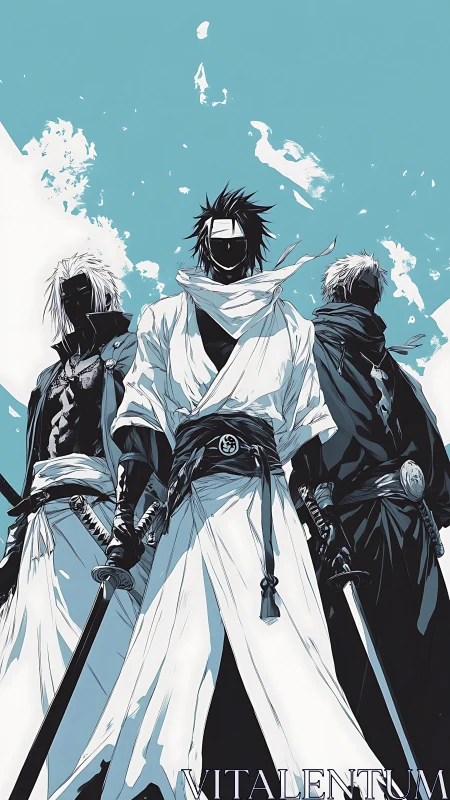 Storm-lit trio of masked ronin beneath an ink-split sky.