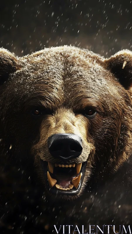 Ferocious brown bear roars under swirling winter snowfall.