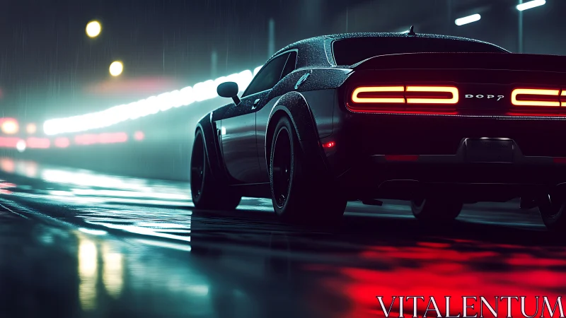 Rear three-quarter muscle car in neon-lit wet night street