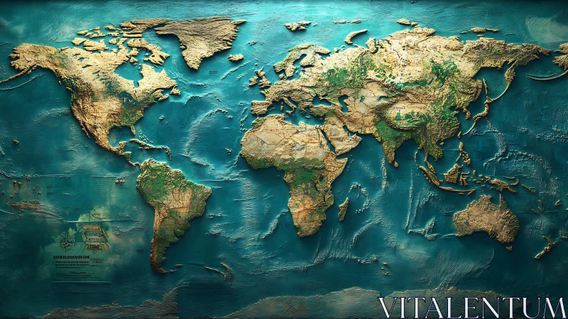Textured world map relief glows over deep turquoise oceans