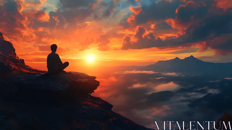 Solitary figure on cliff observing vivid mountain sunset.