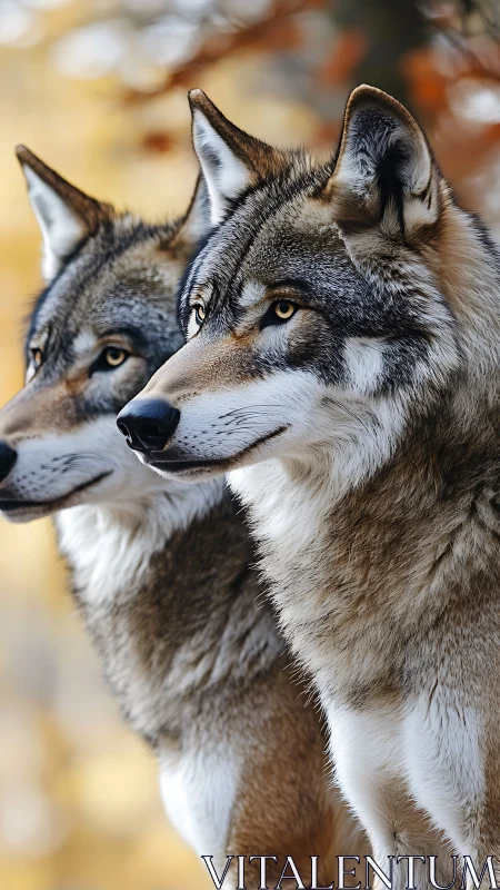 Autumn wolves keeping gentle watch in the golden forest.
