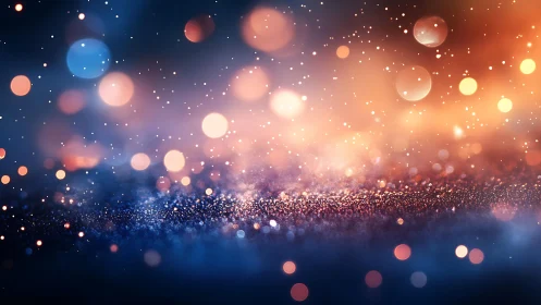 Abstract bokeh lights in blue and orange, dreamy glitter style.