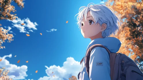 White-haired adolescent stands outdoors under clear autumn sky