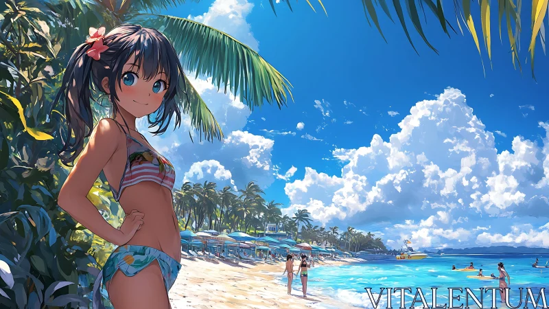 Anime-style beach scene shows girl in foreground observing shore