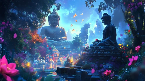 Luminous Buddhist garden with dual Buddha statues at dusk