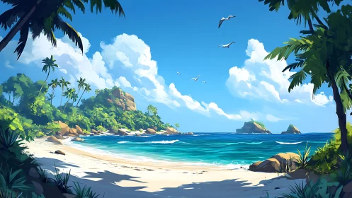 Tropical Coastal Landscape with Palms, Sand Beach and Azure Ocean Waters