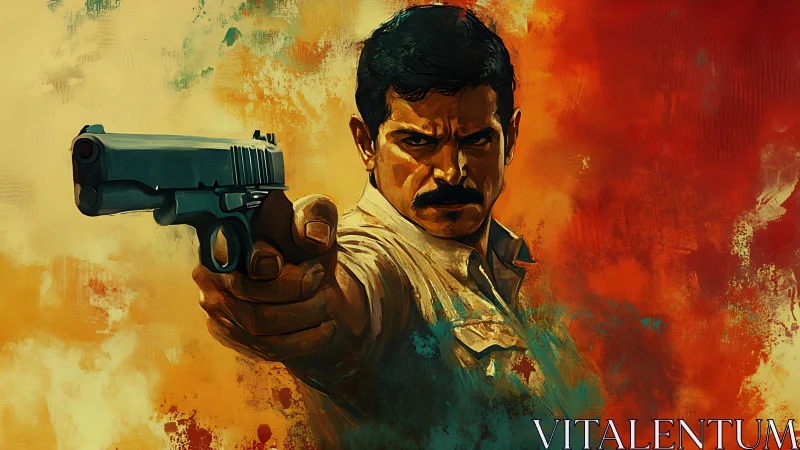 Gunmetal gaze cuts through blazing storm of painted fire