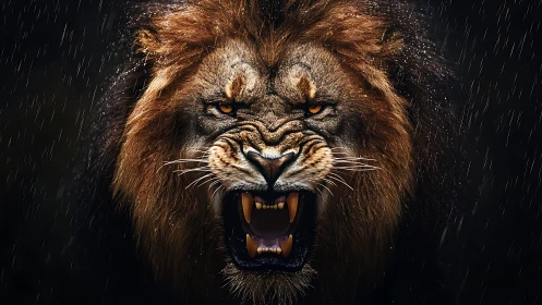 Lion roars under rainfall with sharp teeth fully visible