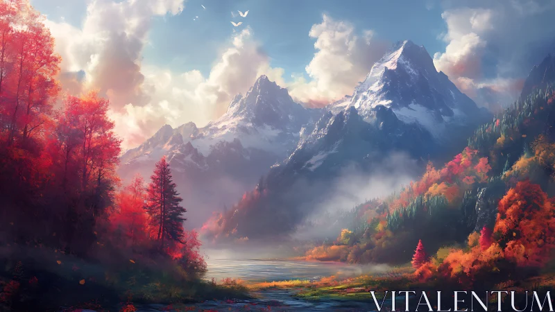 Autumnal mountain valley with lake and distant snow peaks.