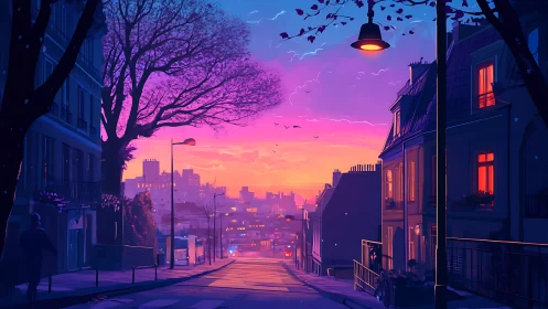 Digital painting of neon dusk city street perspective scene.