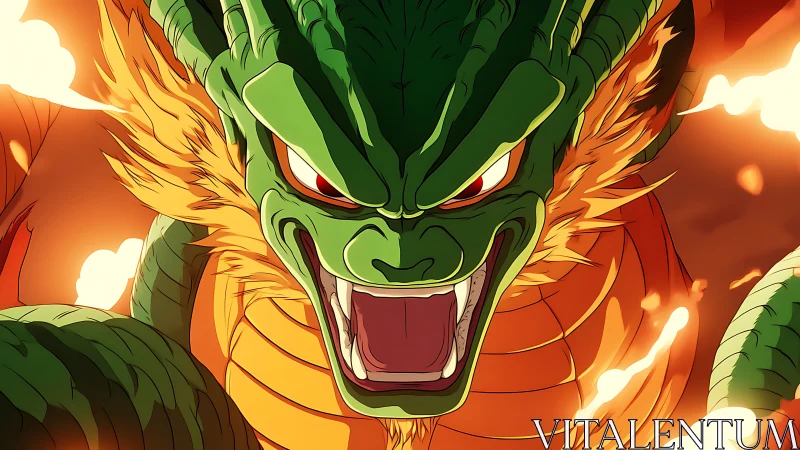 Green serpentine dragon head with flames in background.