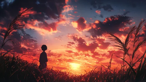 Solitary boy contemplates a blazing red sunset sky.