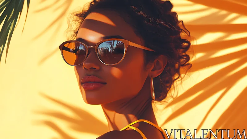 Woman wearing sunglasses in strong directional palm shadows
