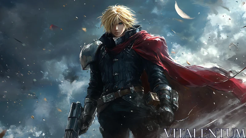Blond warrior stands in stormy sky with red cape flowing