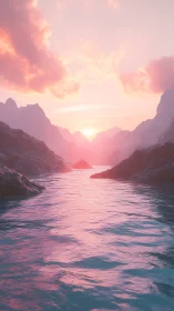 Radiant pink sunrise over reflective alpine river corridor