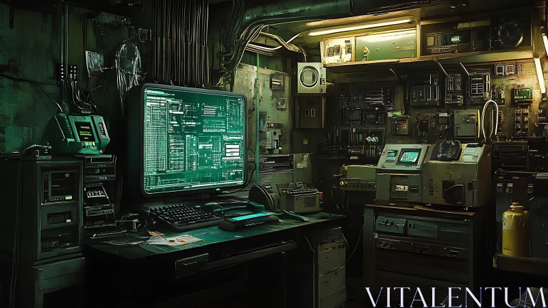 Retro cyberpunk command center glows with data streams