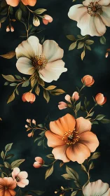 Botanical Dance: Cream Blooms and Coral Whispers on Ebony Canvas