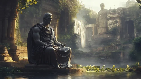 Monumental seated warrior statue in misty overgrown ruins