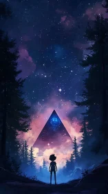Child silhouette observes glowing cosmic pyramid in forest