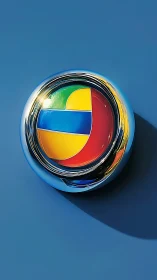 Chromed circular emblem with segmented primary color inlay.