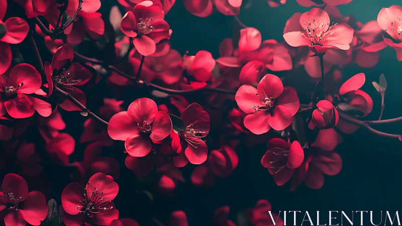 Red Flowers Against Teal Background in Soft Light