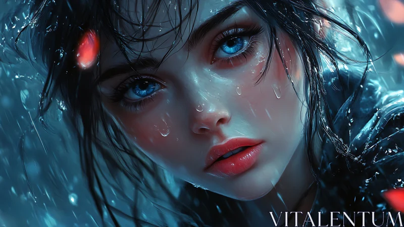 Blue-eyed woman in rain with hyperreal digital detail.