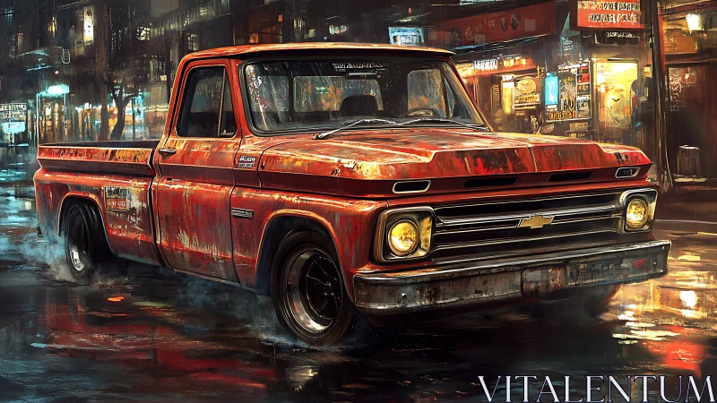 Weathered red pickup truck on wet neon city street at night.