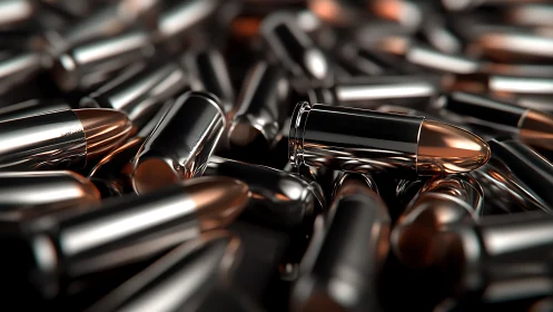 Shiny brass bullets lie scattered with single round highlighted