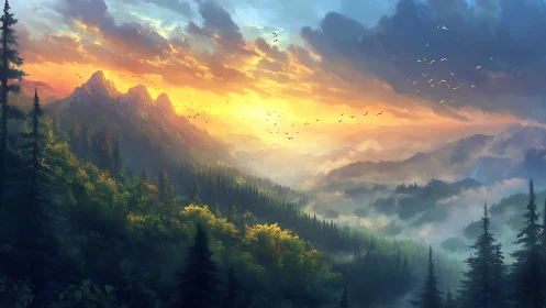 Sunrise symphony over misty evergreen mountain valleys.