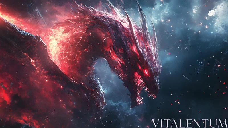 Cosmic inferno dragon erupts through dark nebula sky