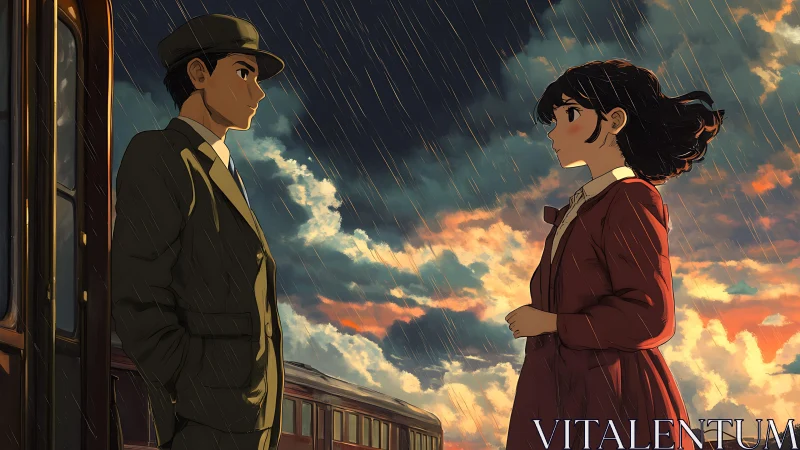 Rain-soaked anime farewell at vintage railway platform at dusk