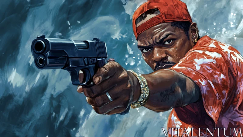 Kinetic digital painting of armed figure in dynamic foreshortening.