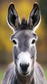 Photorealistic donkey portrait with soft autumn bokeh background.
